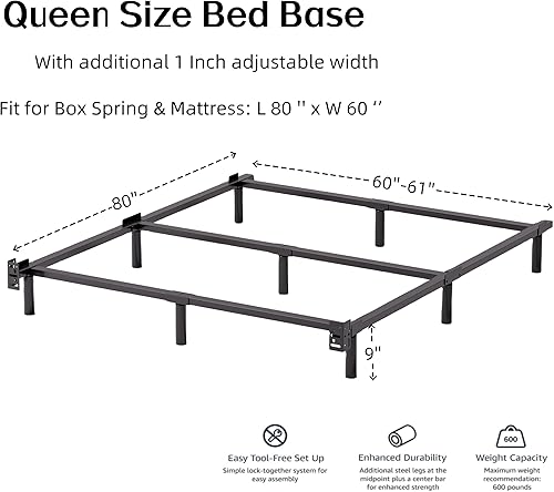 Miniatura 2 de Marco de cama individual, marco de cama individual de 9 pulgadas para somier, ancho ajustable, fácil montaje, marco de cama de tamaño individual