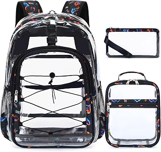 DIGOBAY Clear Backpack for Boys, 3PCS Cool Clear Backpack with Lunch Bag Pencil Case, Heavy Duty Transparent Backpacks for Kids, Kids Backpacks for Kindergarten Elementary Middle School