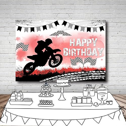 Miniatura 4 de MEHOFOND Telón de fondo de feliz cumpleaños, decoración de fiesta de motocross, telón de fondo de pista de neumáticos de motocicleta, suministros de