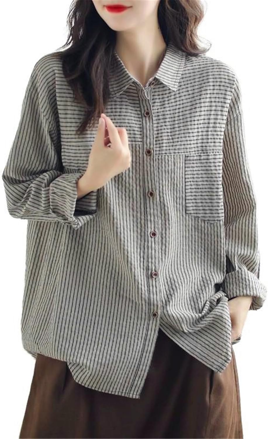 Womens Button Down Shirt Spring Summer Stripe French V Neck Dress Shirt Work Blouse Tops for Women