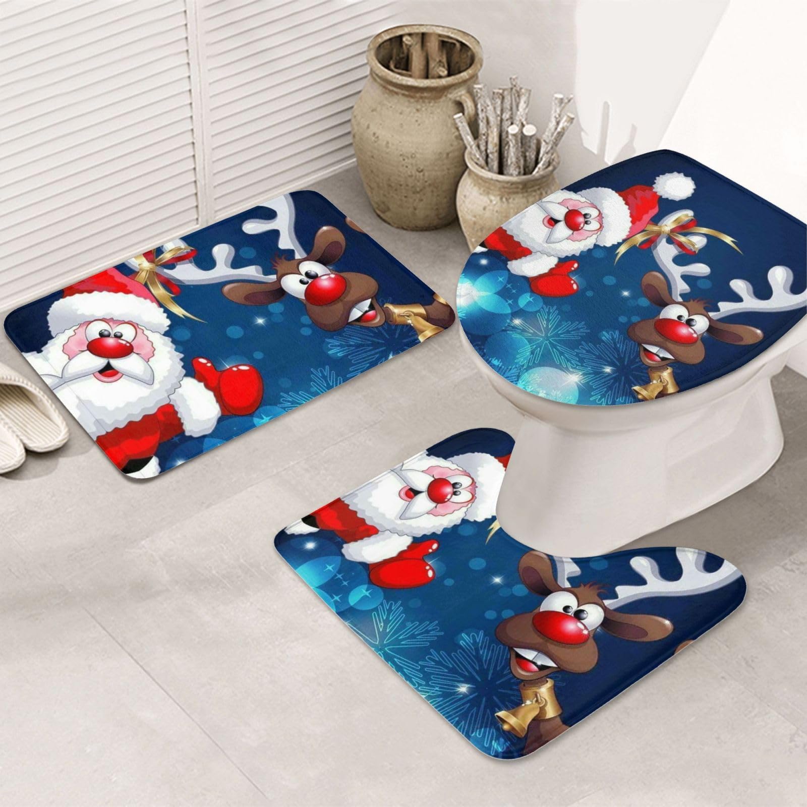 OUSIKA Set di tappetini da bagno con stampa di Babbo Natale e cervo e alce, 3 pezzi inclusi tappetino contorno tappetini assorbenti da bagno copriwater per bagno