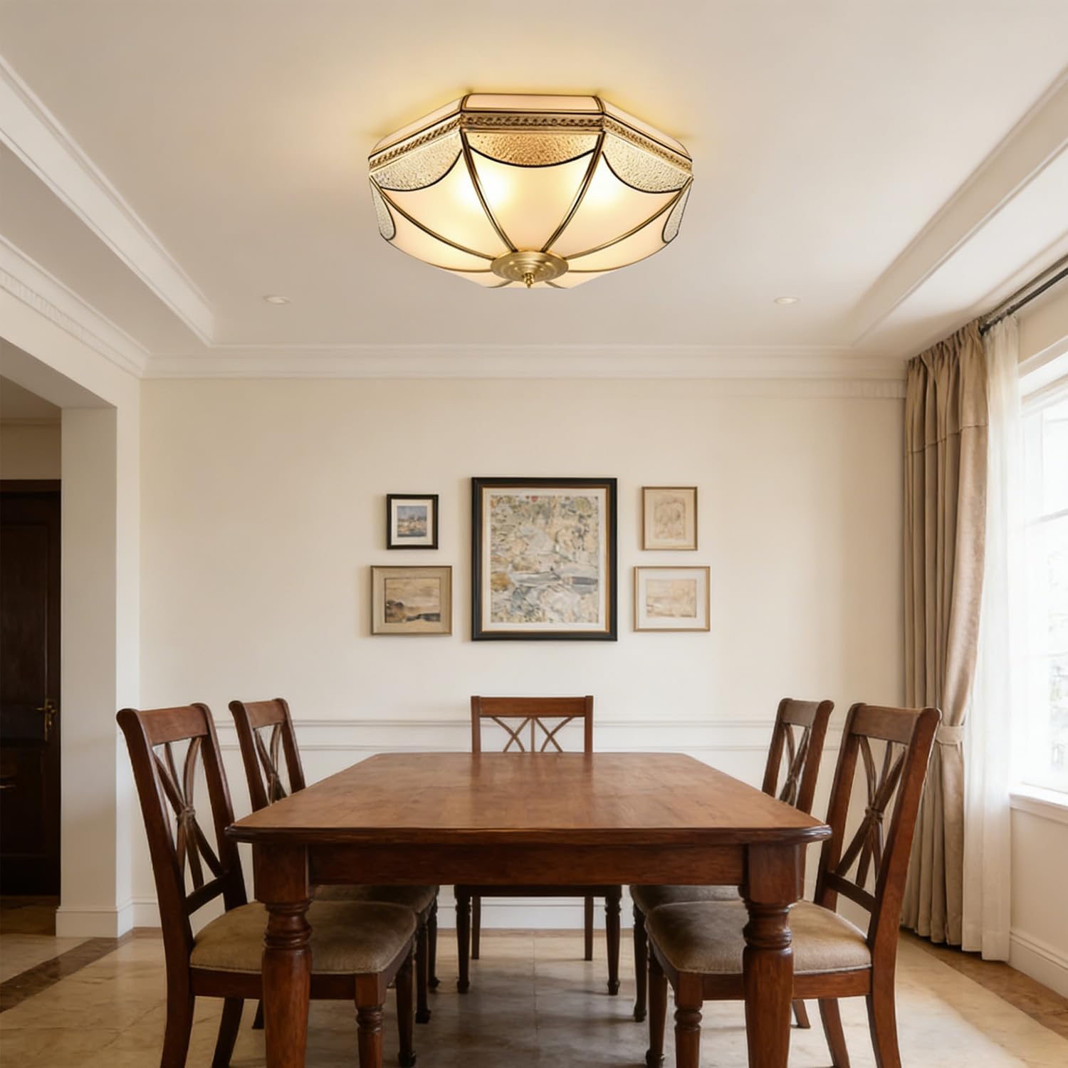 MIXL-Gold Flush Mount Ceiling Light,Antique Brass Hallway Lighitng Fixture,Unique 4-Bulbs Vintage Light Fixture,Mid Century Modern Ceiling Lamp for Study Room Office