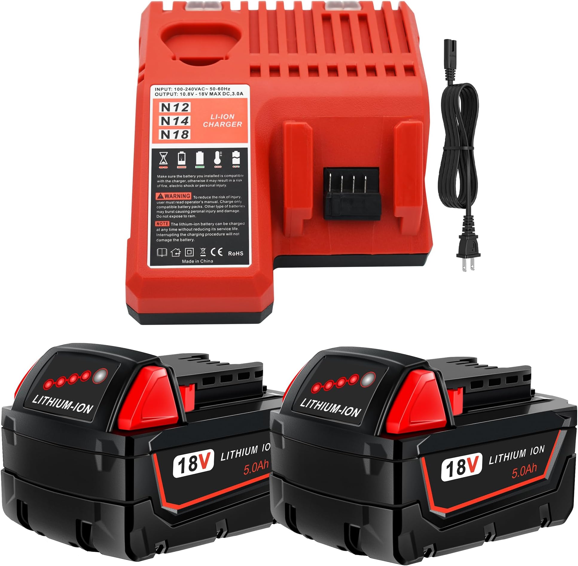 Worthmah 2 Pack 5.0Ah 18V Batteries and Charger Replace for Milwaukee M18 Battery 48-11-1850, Compatible with m18 Milwaukee Battery Charger Combo 48-11-1860 48-11-1815 48-11-1820 48-11-1828