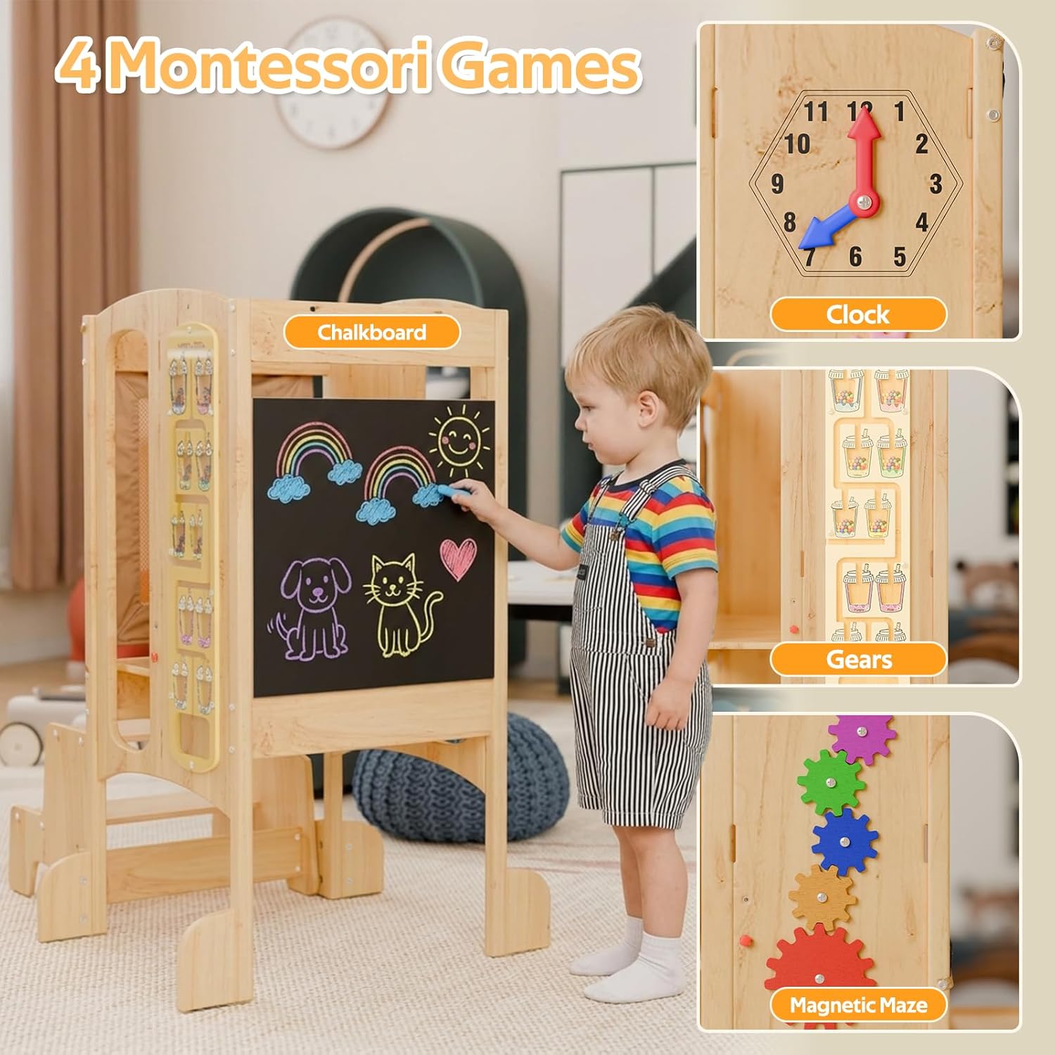 Toddler Tower, 6 in 1 Foldable Toddler Tower with 2 Step Stool,Toddler Standing Tower with Safety Equipment and Chalkboard