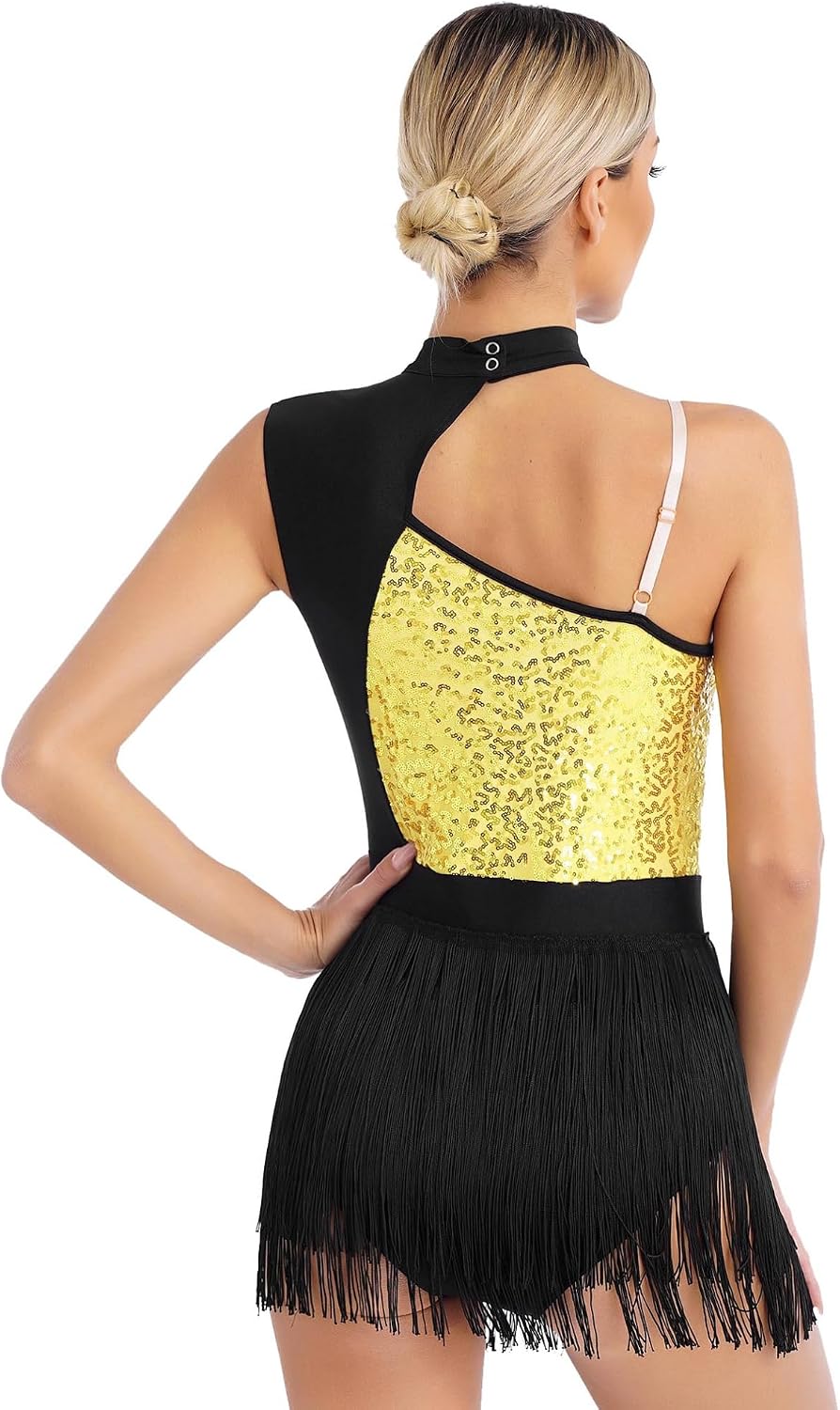 JEATHA Women Sexy Tuxedo Fringed Bodysuit Outfits Sequins Latin Dance Sleeveless Leotard with Gloves Hat