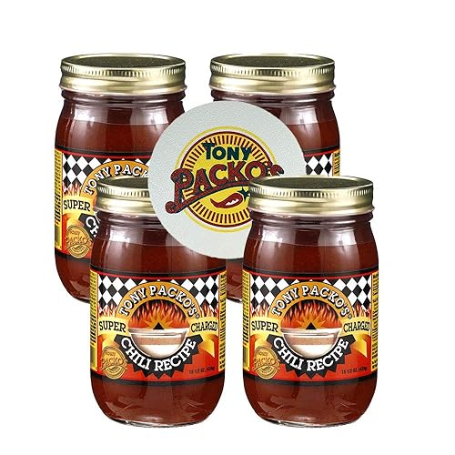 Tony Packo's Super Charged Chili Recipe Base, tarros de 15.5 onzas (paquete de 4) con exclusivo abridor de tarros, mezcla de condimentos de especias