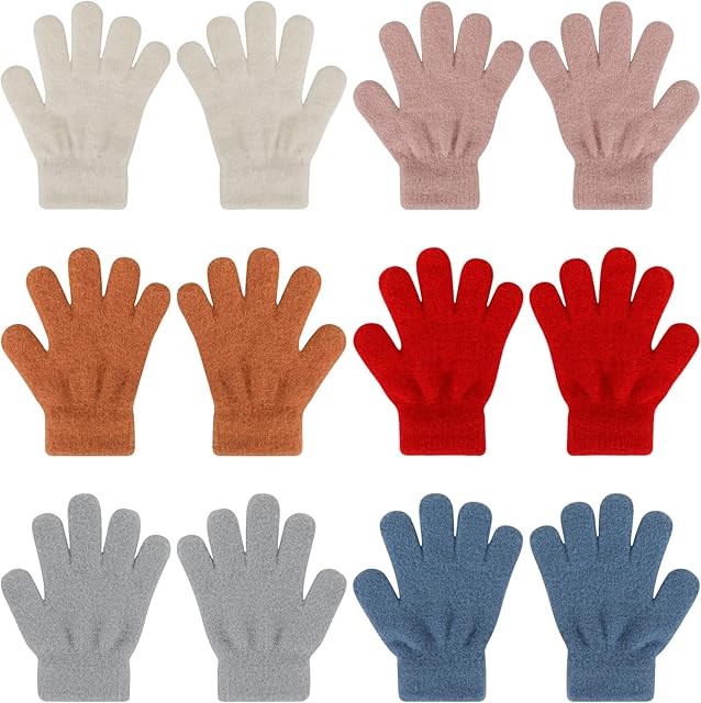 QKURT 6 Pairs of Kids Winter Warm Gloves, Solid Color Plush Children's Gloves Full Finger Winter Toddler Gloves Stretch Gloves for Boys and Girls aged 4-10