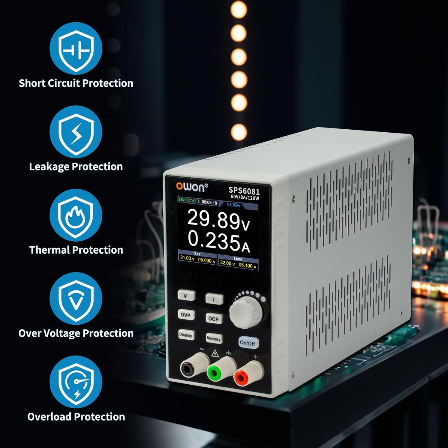 OWON Lab Power Supply, 0-60V 0-8A Adjustable Switching DC Regulated Bench Power Supply with Output Power 120W, Supports Computer Programming OutputVoltage/Current Curve Monitoring Function SPS6081