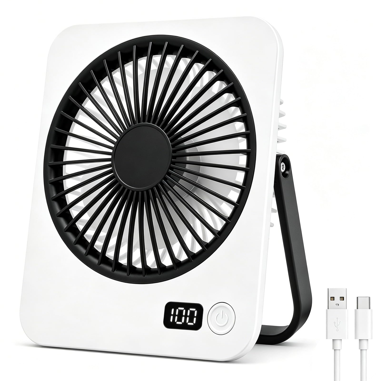 USB Desk Fan, 5 Speeds Adjustable Strong Wind Table Fan with LED Display, Small Fan Cooling with 180° Tilt Folding, Portable Hanging Adjustable Personal Fan for Home Office Bedroom Car Camping