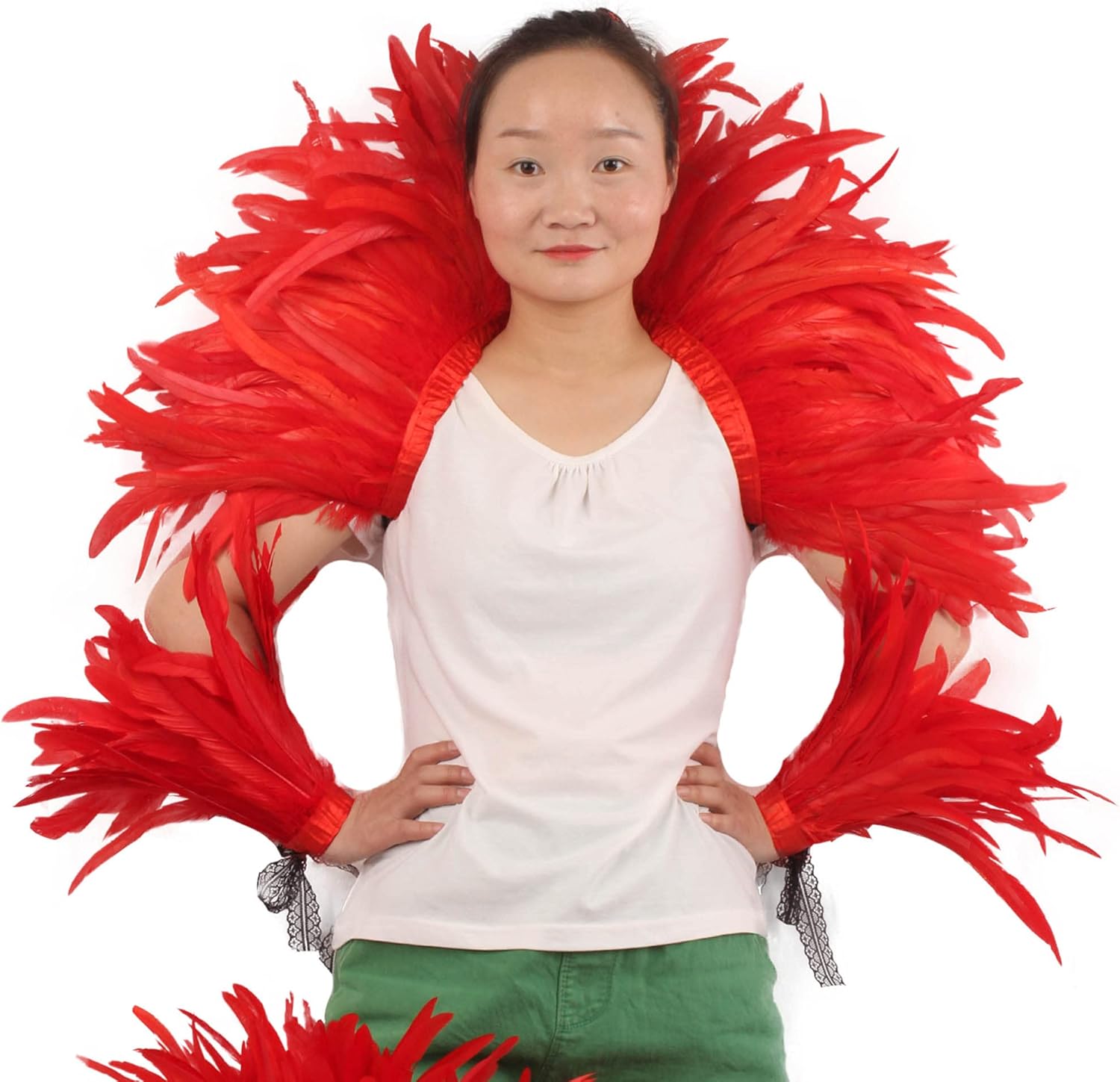 QI@XIA Feather Shawl and 1 Pair of Wrist Cuffs for Women Witch Halloween Mardi Gras Feather Cape Costumes Accessories