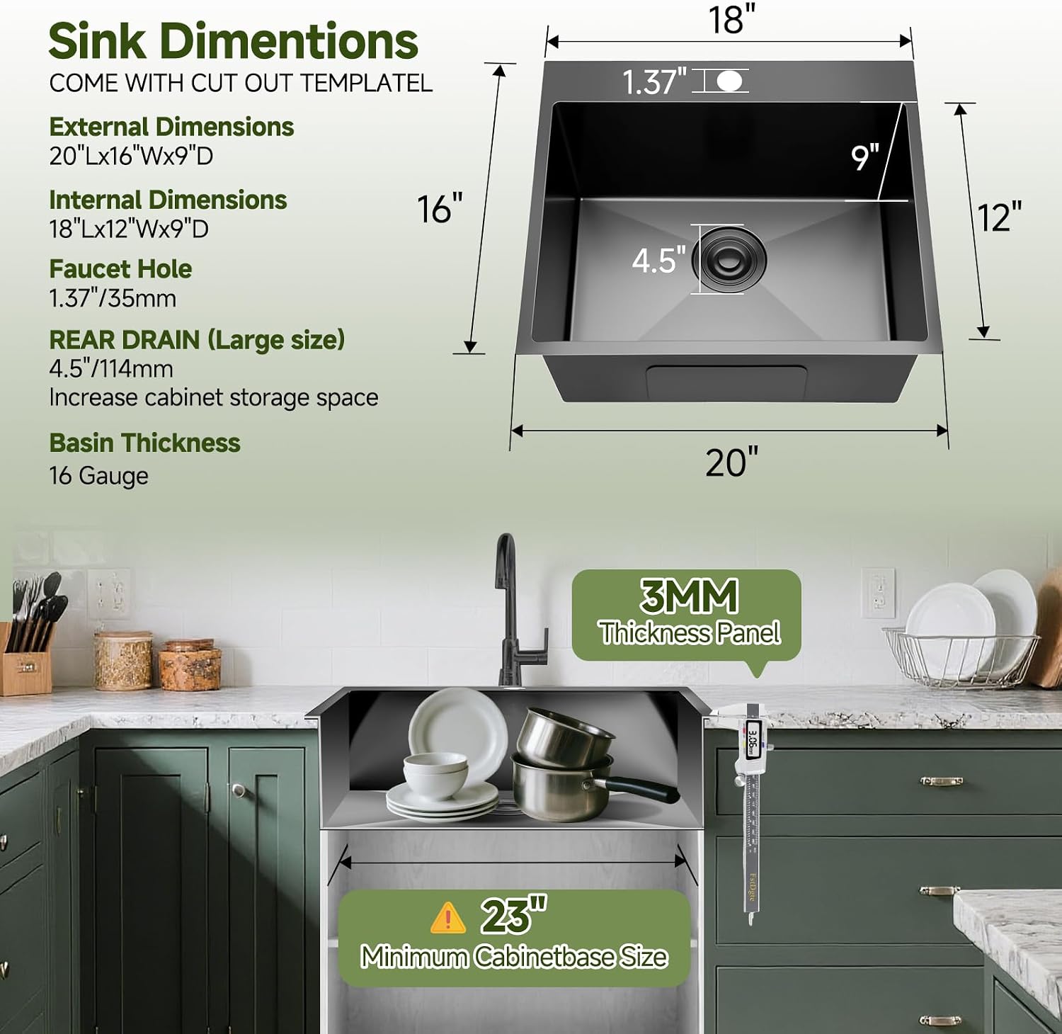 20x16x9 Inch Drop In Kitchen Sink Black, 20 Gunmetal Black 16 Gauge SUS304 Stainless Steel Single Bowl 9 Inch Deep Top Mount Drop In Bar Wet Prep RV Outdoor Handmade Small Kitchen Sink