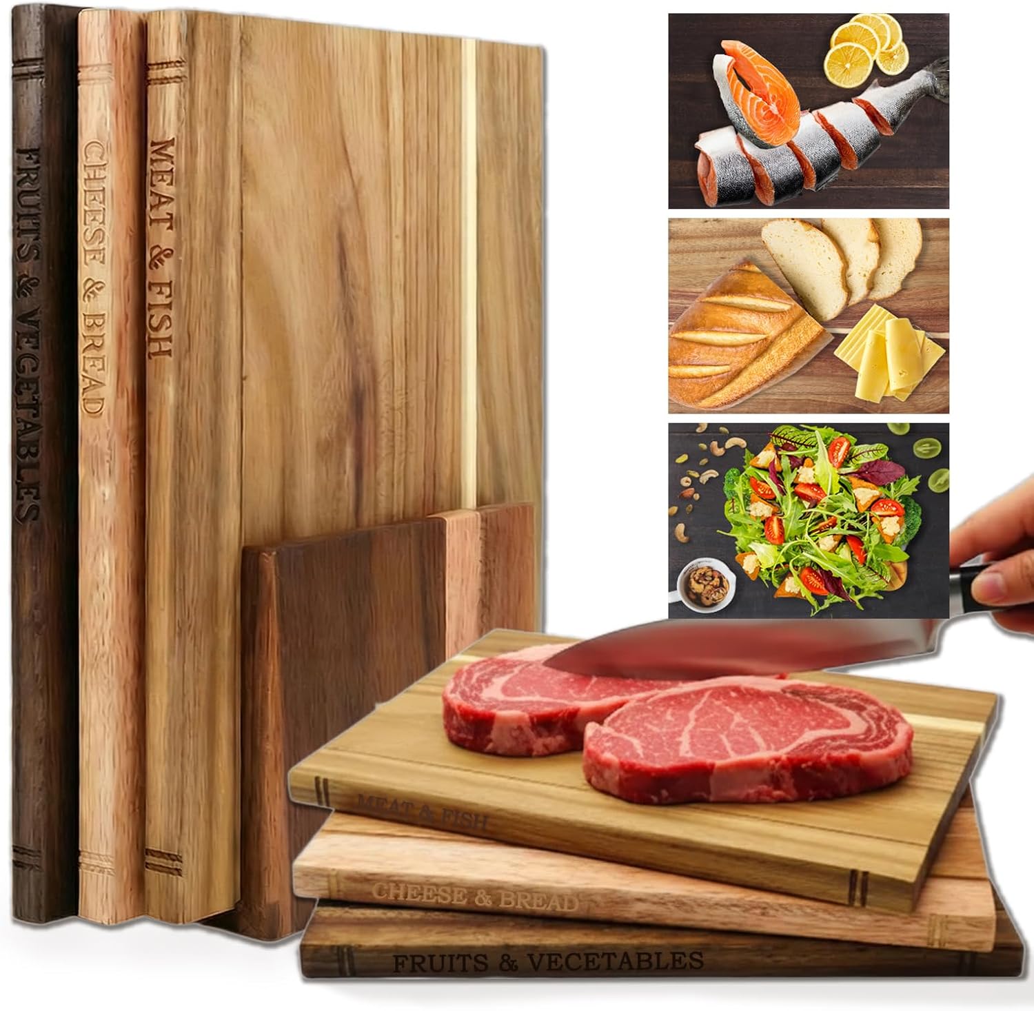 Solid Acacia Wooden Cutting Boards That Look Like Books, Decorative Book Shaped Cutting Board Library Set for Kitchen, Unique Gift for Book Lovers & Home Cooks (Mixed color 4)