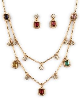Sasitrends American Diamond Invisible Matte Gold Plated Floral with Rectangular Stone Necklace Set Price In India