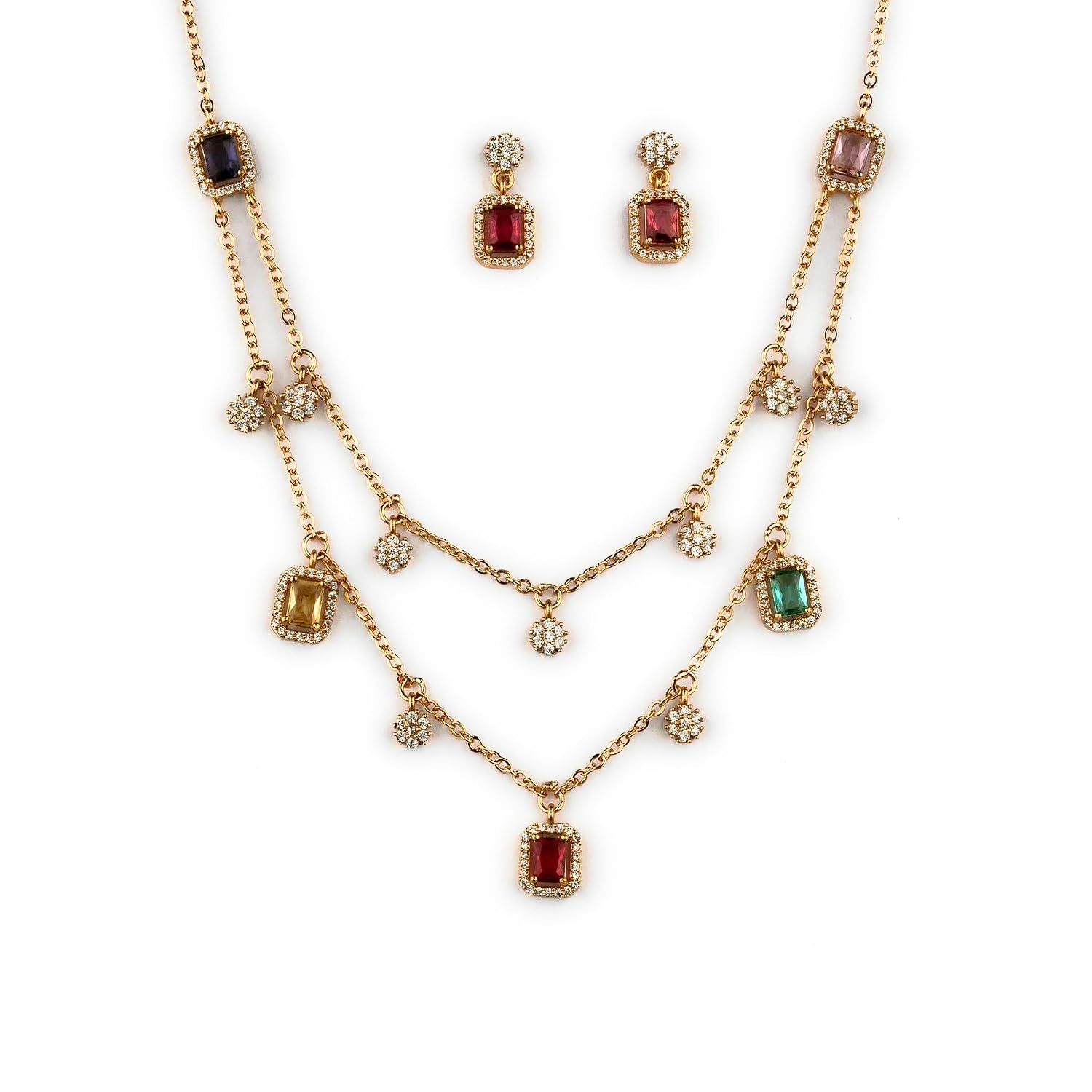 Sasitrends American Diamond Invisible Matte Gold Plated Floral with Rectangular Stone Necklace Set