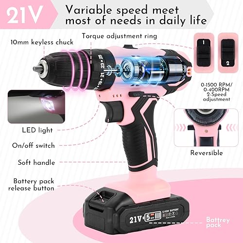 Miniatura 3 de ALATIN Juego de destornilladores de iones de litio inalámbricos de 21 V, 1 batería, cargador y bolsa de almacenamiento incluidos, cinta rosa