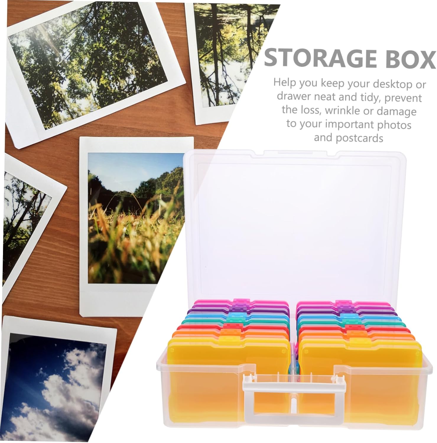 Happyyami Compartment Photo Storage Box with Durable Plastic Transparent Card Organizer for Greeting Cards and Photos Portable Multi Functional