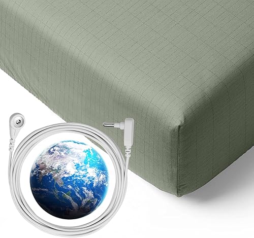 Juego de sábanas bajeras ajustables para poner a tierra tamaño King en hilo plateado y algodón orgánico con cable de conexión a tierra de 16.4 pies