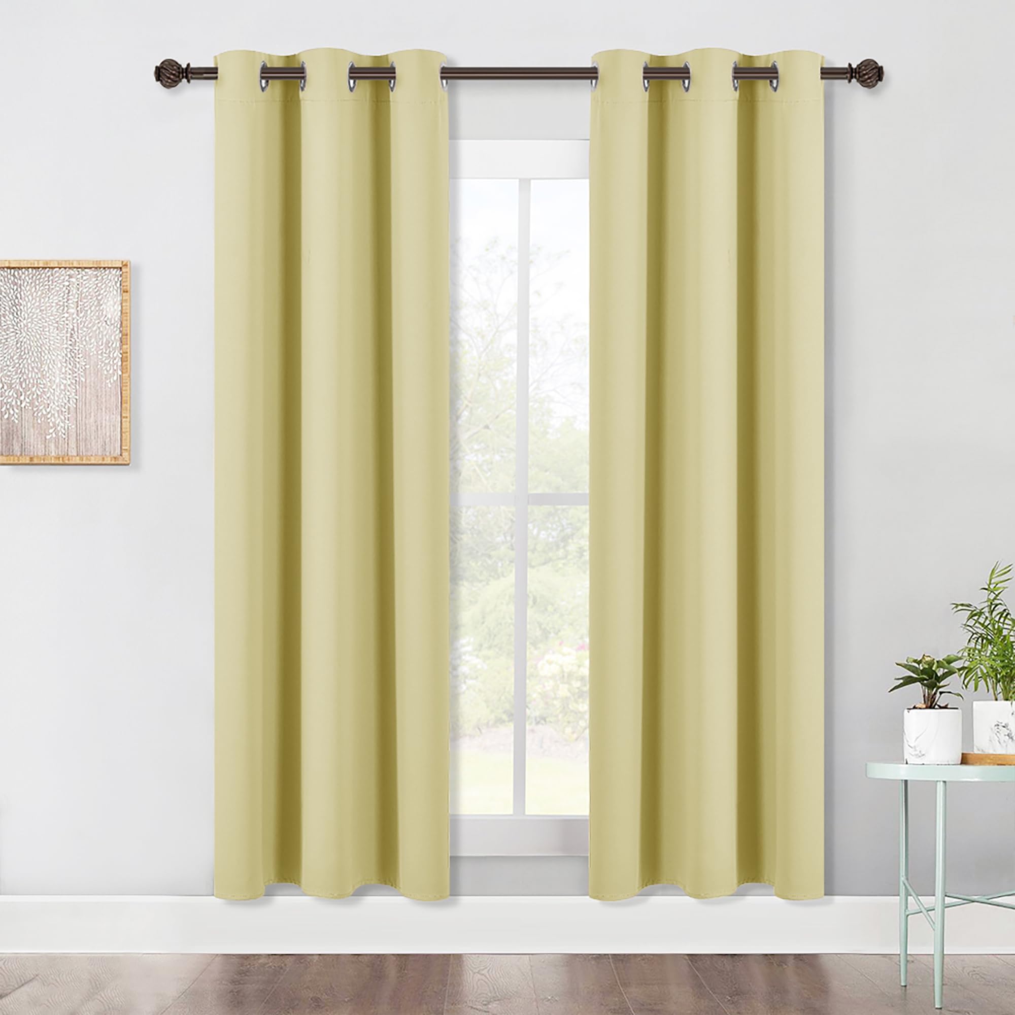 NICETOWN Bedroom Blackout Draperies Panels, 2 Panels, 42 x 72 Inch, Paler Yellow, Three Pass Microfiber Noise Reducing Thermal Insulated Solid Ring Top Window Curtains