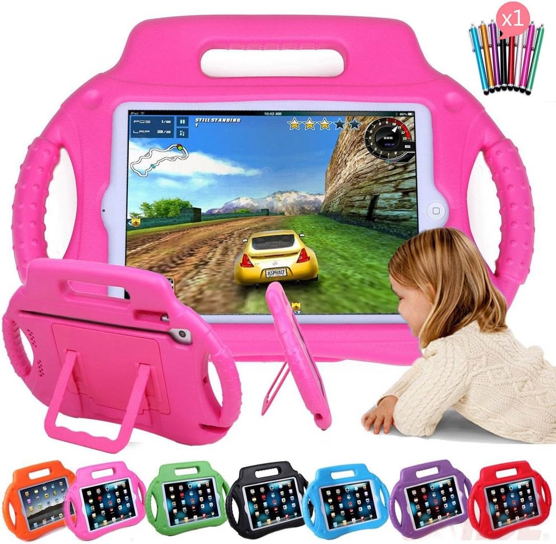 iPad Mini 4 Case,Sztook kids Shock Proof Handle Steering Wheel Protective Stand Cover Case for Apple iPad Mini 4 2015 Tablet,Rose