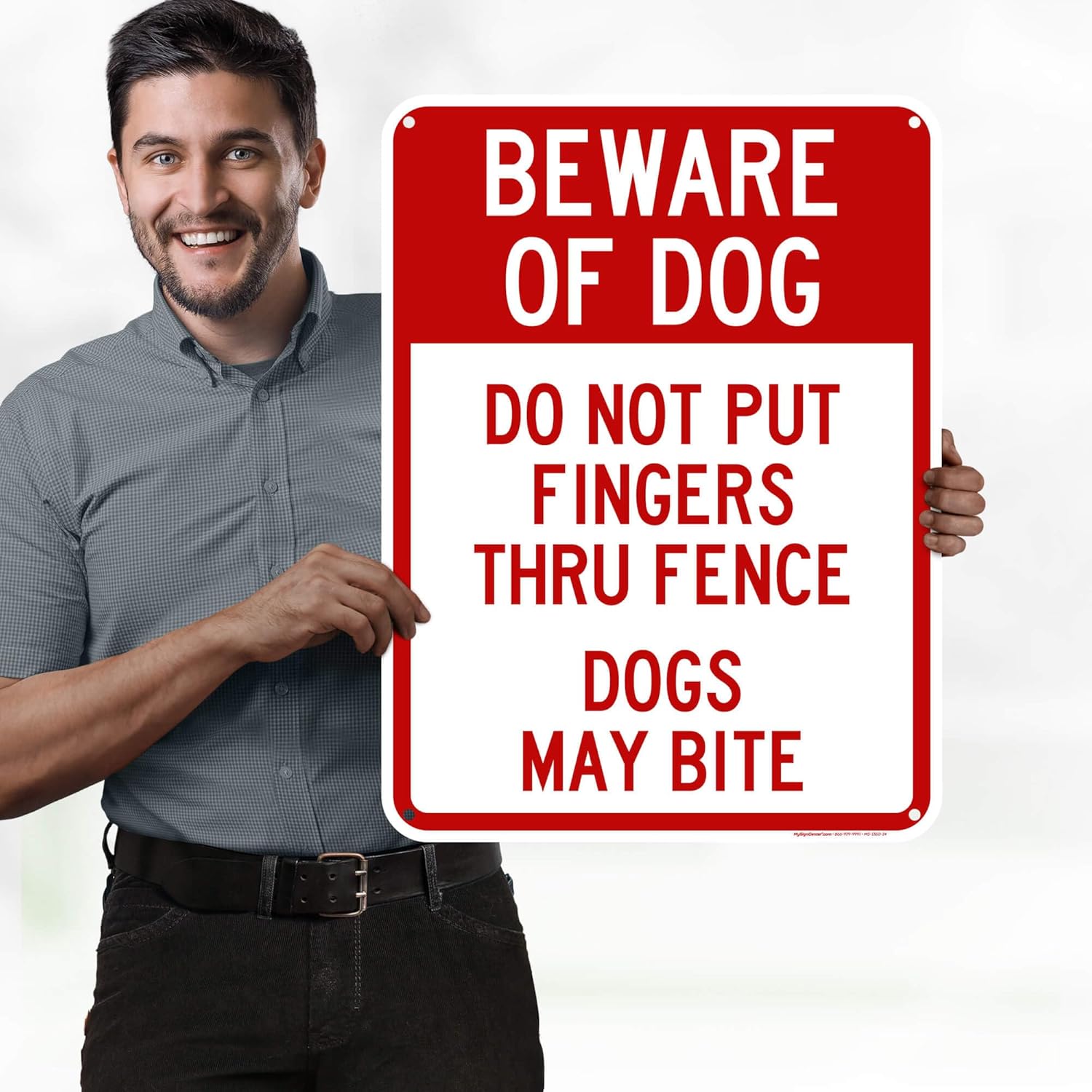 Beware Of Dog, Do Not Put Fingers Thru Fence, Dogs May Bite Sign, 18x24 Inches, 55 mil thick HDPE (high density polyethylene), Made in USA by My Sign Center