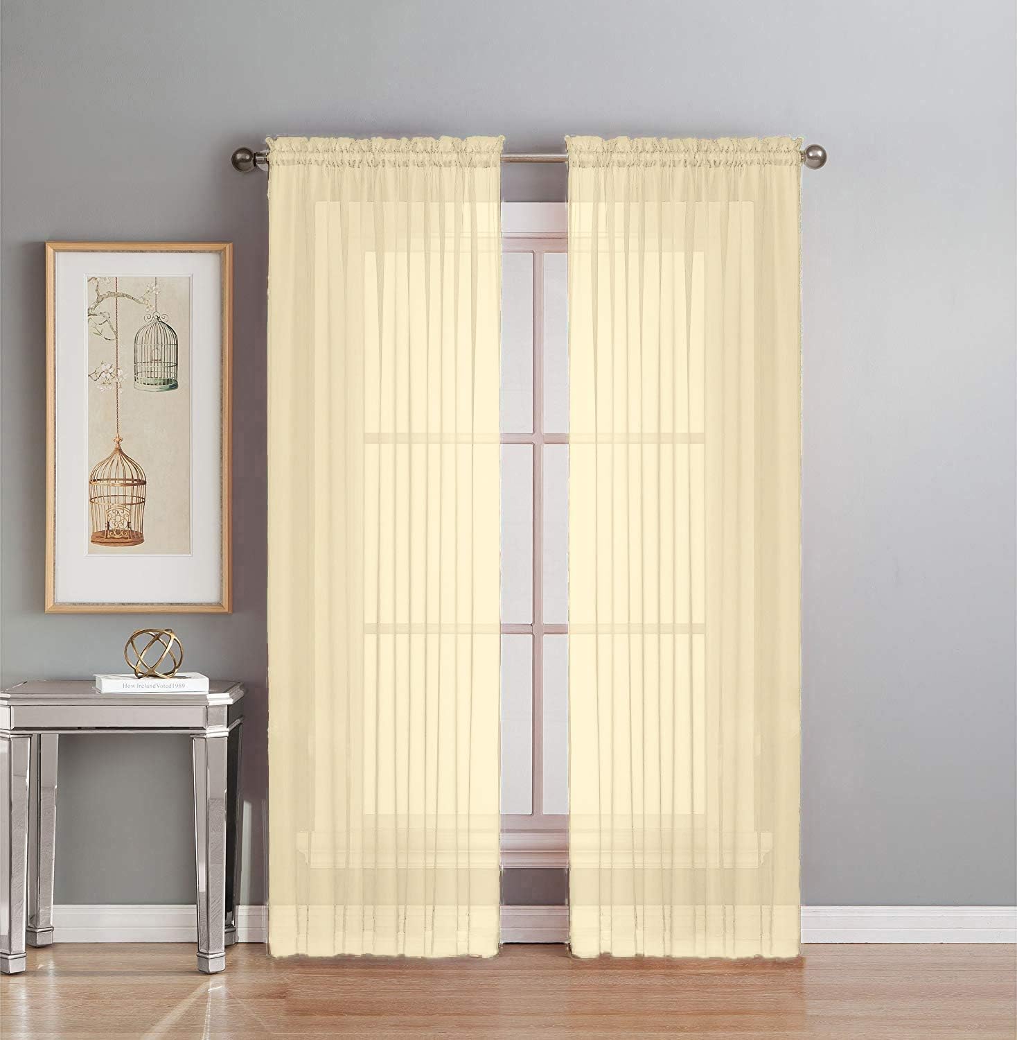 Interior Trends 2 Piece Fully Stitched Sheer Voile Window Panel Curtain Drape Set (84" Long, Beige)