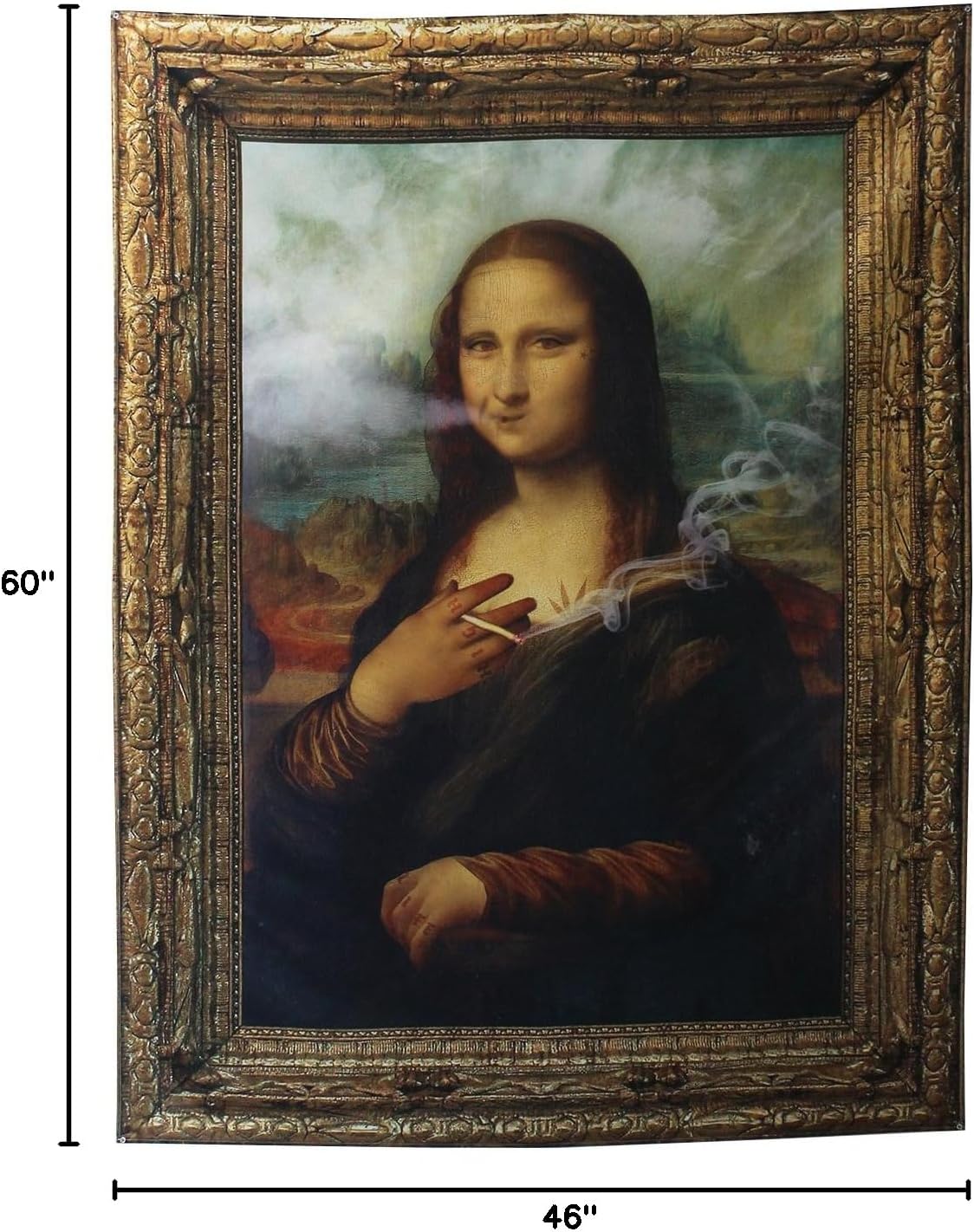 steelplant Stona Lisa large vivid fabric printed textile. mona lisa smoking weed joint remix tapestry high definition print on polyester with sewn edge
