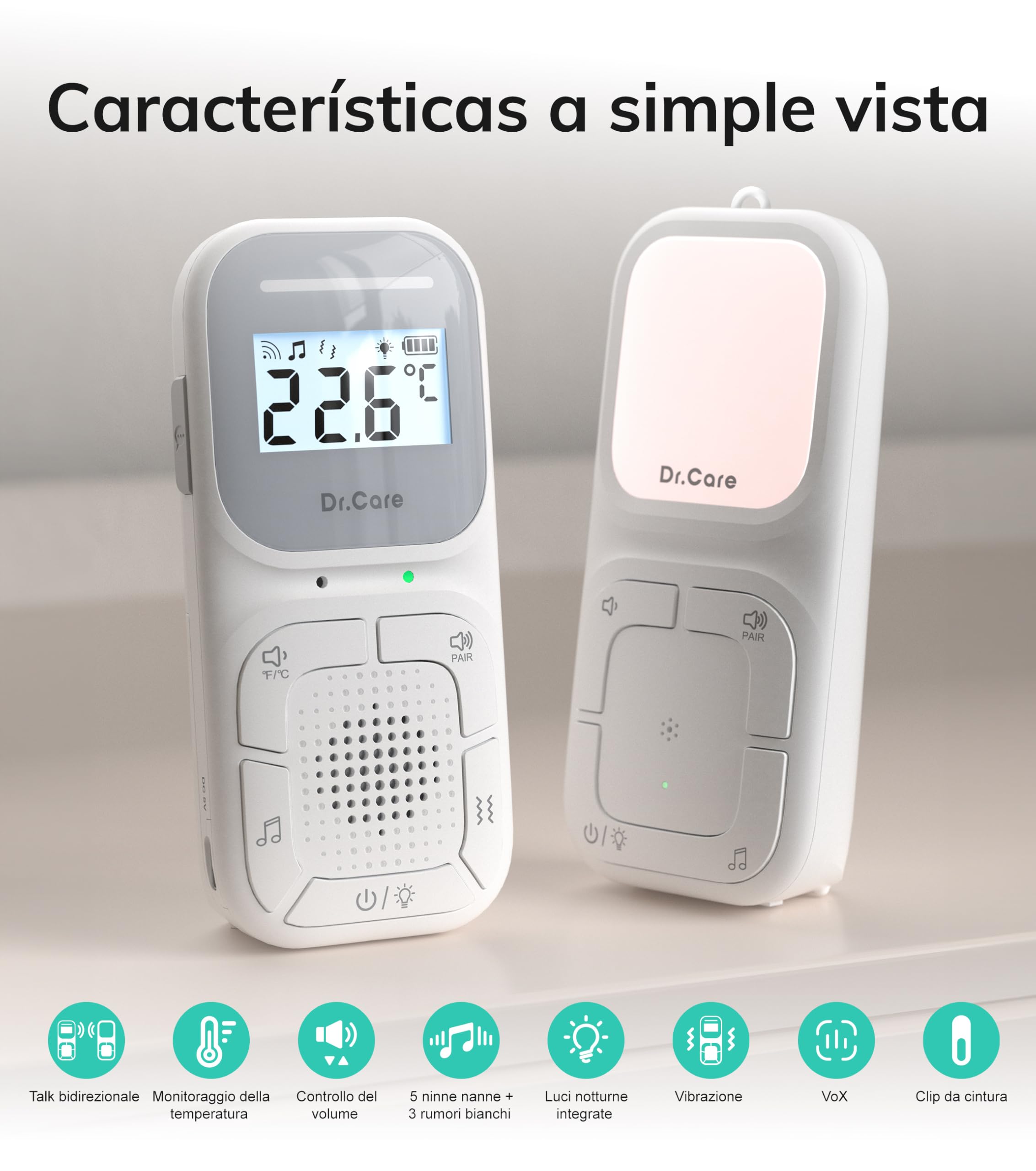 Dr.Care NeoGo Audio Baby Monitor pre-accoppiato VOX luce notturna portata 300 m