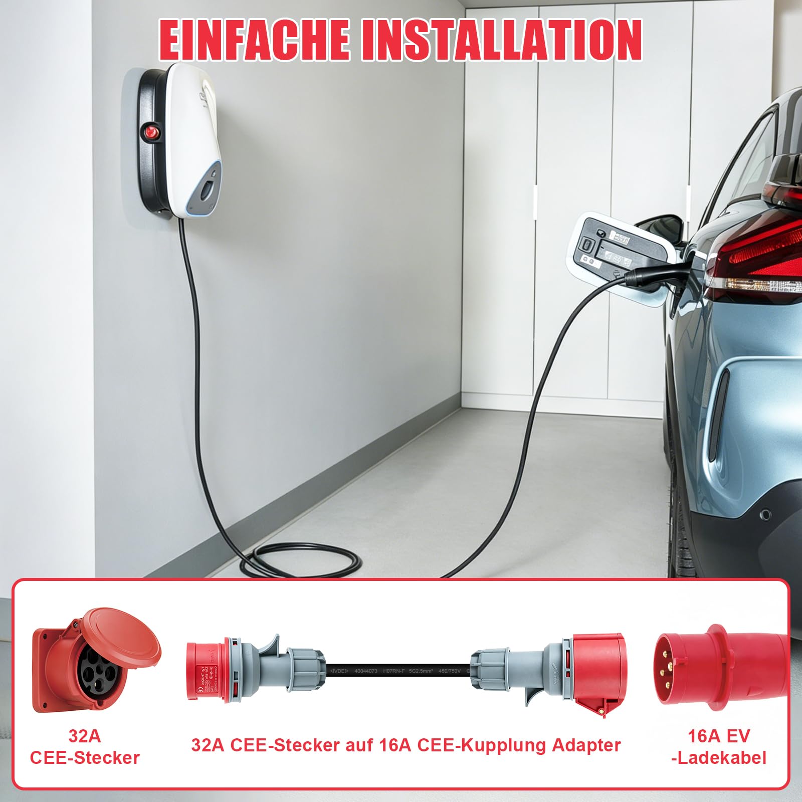 Adapter 32A a 16A, CEE Adapter 32A Stecker auf 16A Kupplung, Starkstrom Adapter 3 Fases con VED 0,5m, Núcleo de cobre 5x2,5mm², 415V máx, IP44 para industria, hogar y carga de vehículos eléctricos