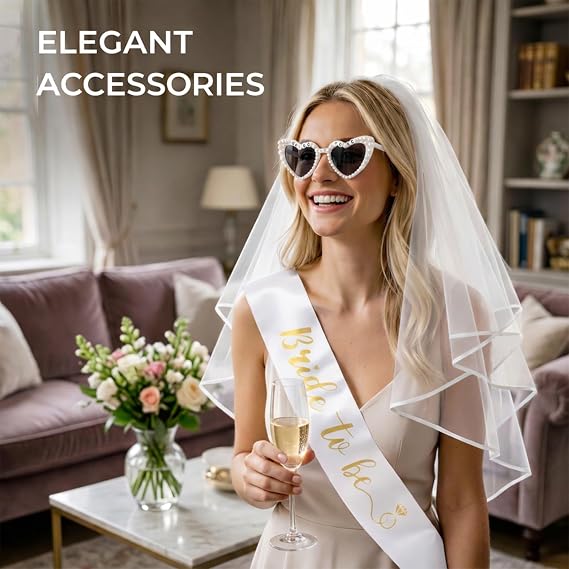 Bride to Be Sash, Hen Party Accessories, Classy Hen Party Accessories, Bachelorette Party Accessories, Bride Veil Hen Party, 3-Piece Bridal Set with Veil and Pearl Design