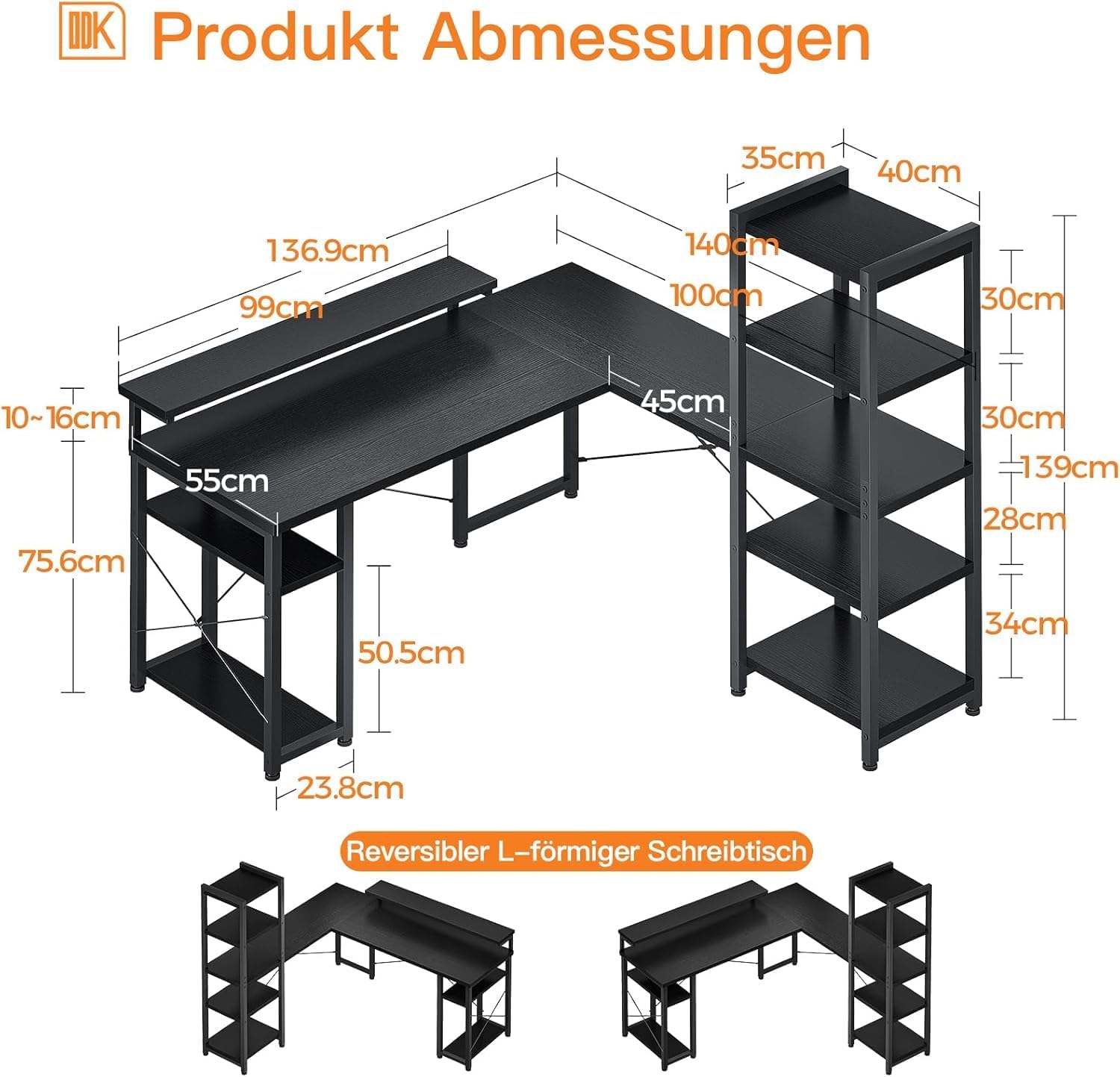 Detailed product dimensions diagram for the ODK Corner Desk