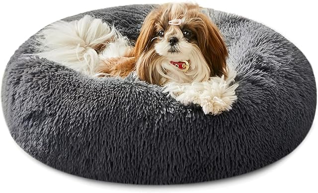 Western Home Donut Pet Bed Calming Dog Bed - Washable Fluffy Plush Puppy Cat Bed with Anti-Slip Bottom, Round Cuddler Pet Bed for Large Medium Small Dogs and Cats, Dark Grey 50cm