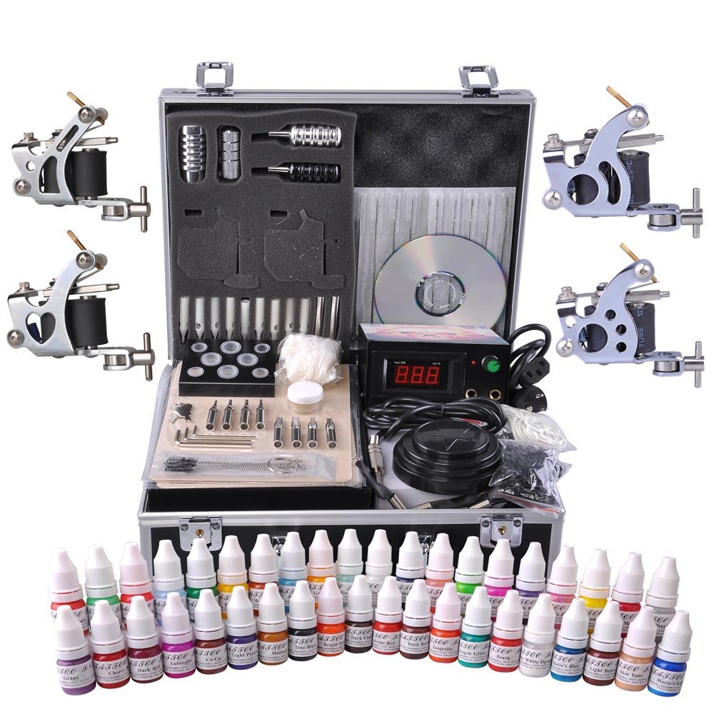 Complete Tattoo Kits with 4 Machine Guns, 2 Practice Skins, a Power Supply with LCD Display, 4 Tattoo Grips & a Portable Carrying Case for Tattoo Artists, Starters, Apprentice or Any Tattoo Lovers