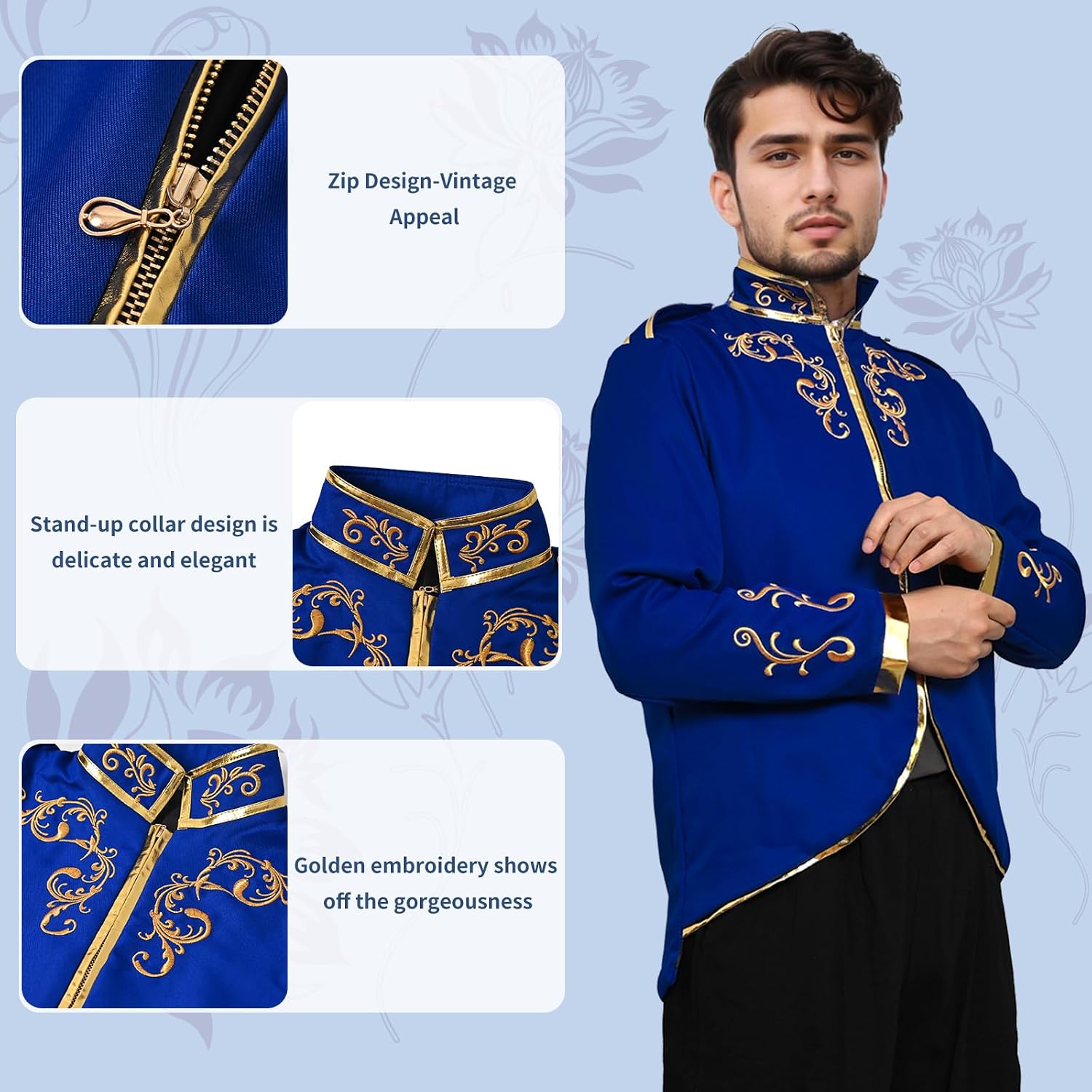 Prince Jacket for Men, Court Fashion Prince Uniform Gold Embroidered Suit Jacket Medieval Costume Halloween Cosplay