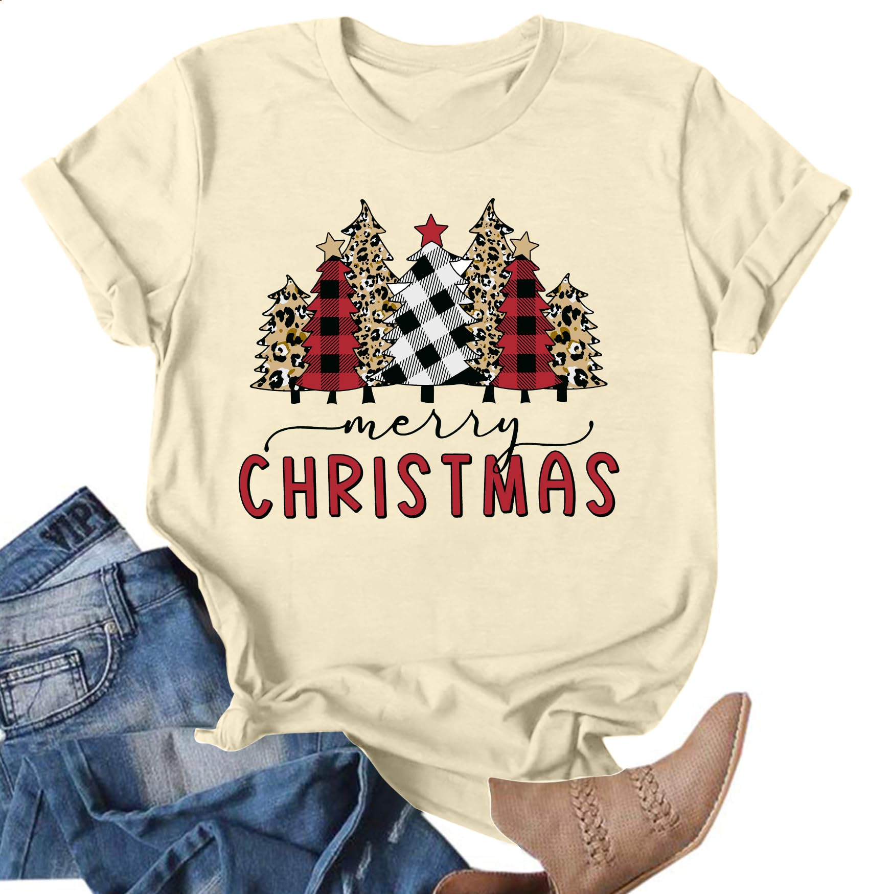Christmas Tree Shirt for Women Merry Christmas Printed T-Shirts Leopard Plaid Short Sleeve Holiday Tee Xmas Gift Tops
