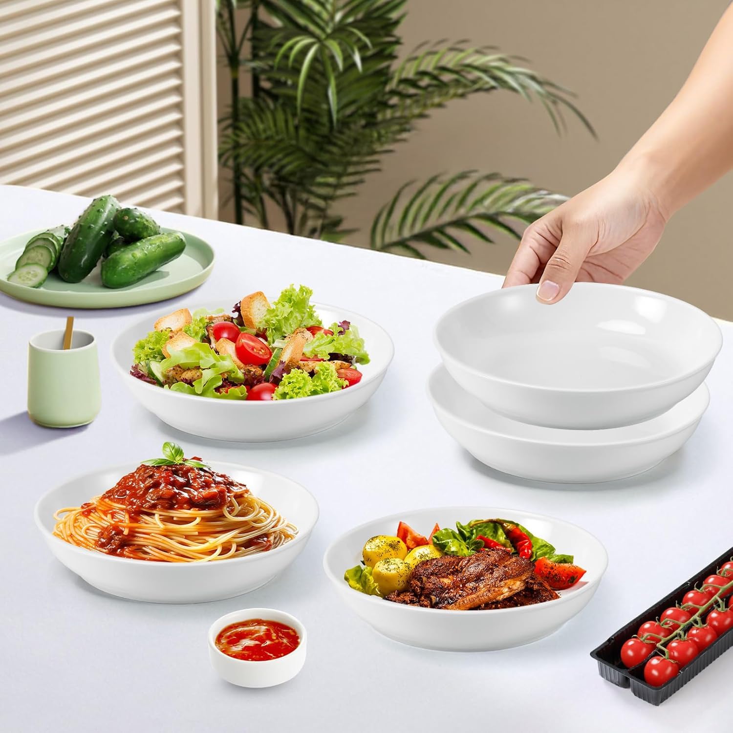 Jeffbaubl 4 piatti fondi in porcellana, ciotole per insalata bianche, per pasta spaghetti e zuppa, set di piatti per pasta, adatti al microonde e alla lavastoviglie (20 cm)