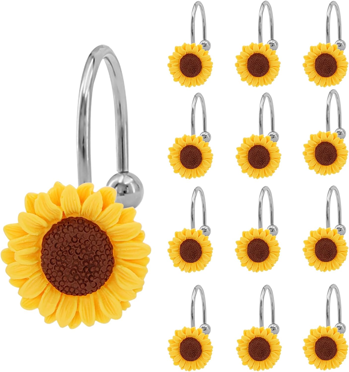 Sunflower Shower Curtain Hooks, 12PCS Resin/Stainless Steel Decorative Hanger Rings with Single Bead Stable Grip, Rust-Resistant Yellow Flower Hooks for Bathroom Shower Rod,Bedroom & Living Room Decor