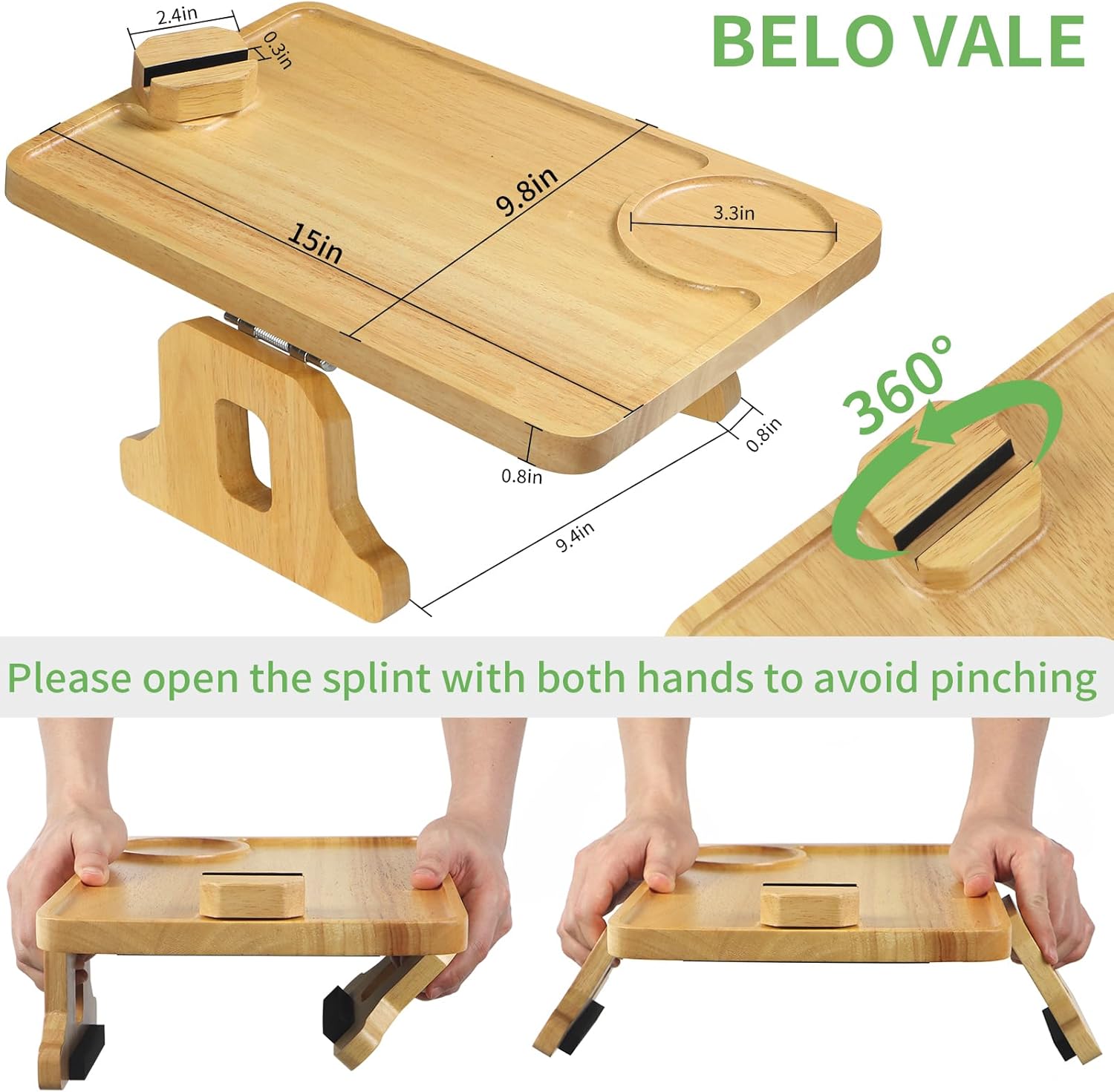 Large Size Couch Arm Tray - 15x9.8 Strong Wood Foldable Sofa Side Clip Tray with 360° Rotating Phone Holder, Armrest Tray for Eat, Drink, Cup, Snack, Remote Control, No Installation Required