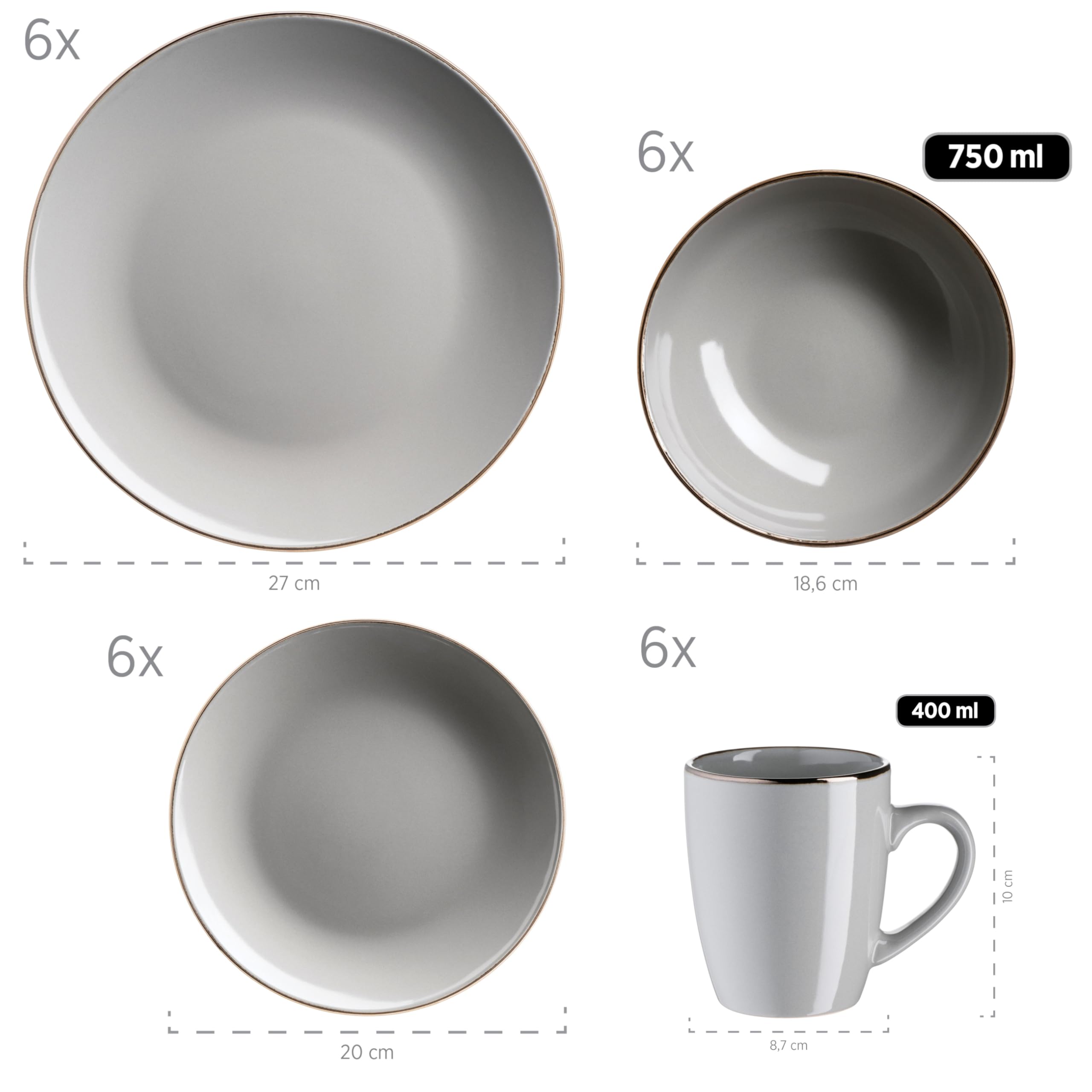 MÄSER Metallic Rim, Modernes Geschirr Set für 6 Personen mit messingfarbenem Rand, 24-teiliges Kombiservice mit randlosen Coupe-Formen, Steinzeug, Grau