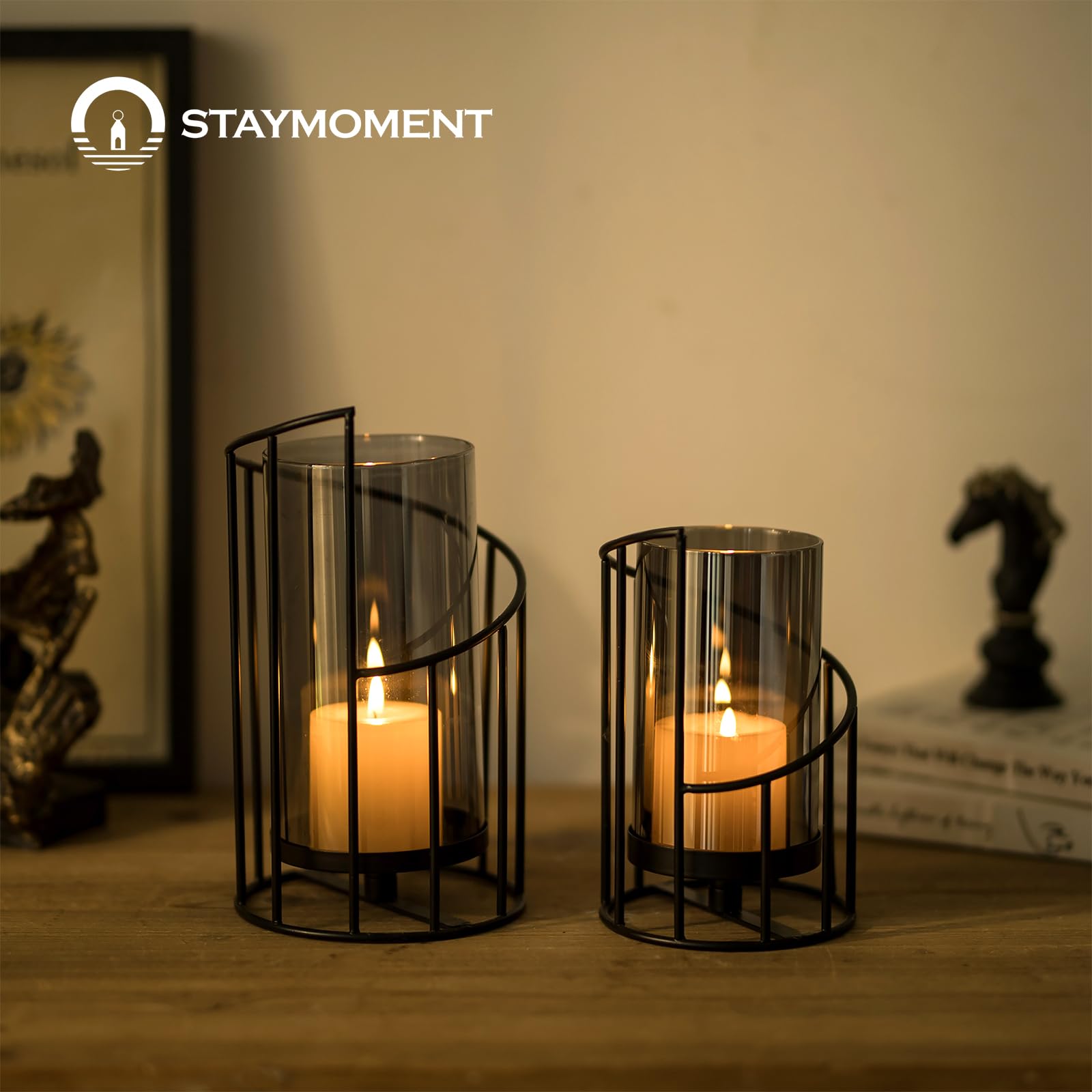2er Set Windlicht Outdoor, Kerzenständer Metall Schwarz | Kerzenhalter für Stumpenkerze, Tischdeko, Modern Deko für Wohnzimmer, Badezimmer, Garten, Windlichter Draußen und Drinnen