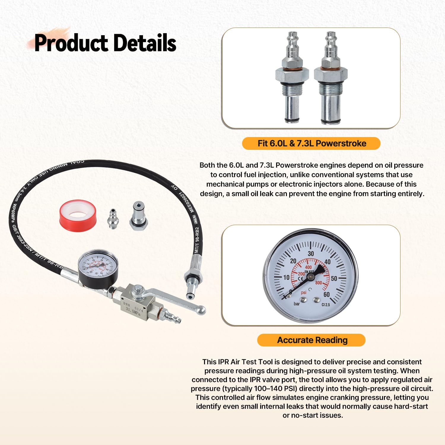 High Pressure Oil System IPR Air Test Tool Special Kit Compatible with Ford 6.0L & 7.3L Powerstroke Diesel Engines, Heavy-Duty Air Test Fitting for HPOP Leak Diagnosis