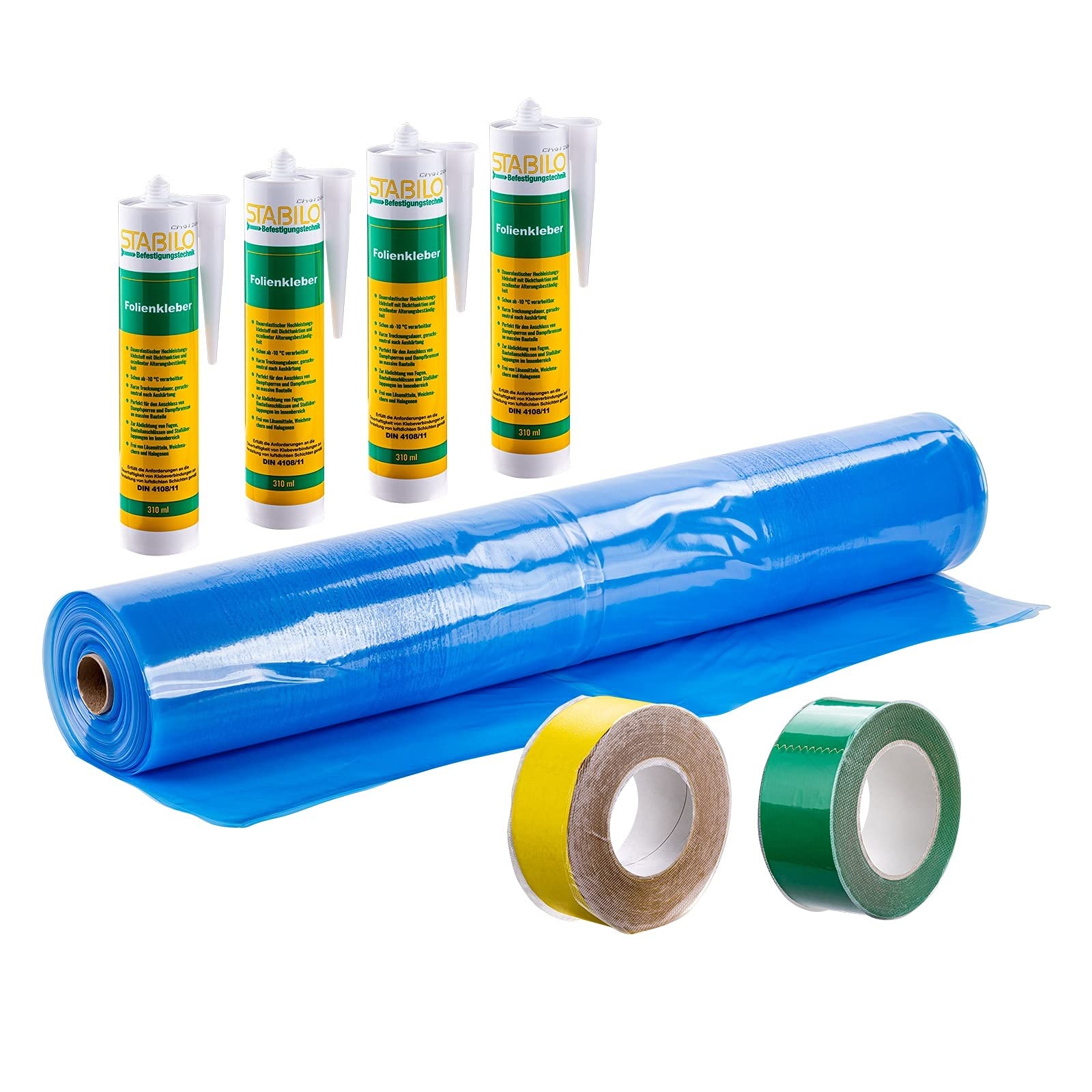 Dampfbremsfolien-Set blau 4x25m - 100m² + 4x Folienkleber + 1x Klebeband grün + 1x Klebeband gelb