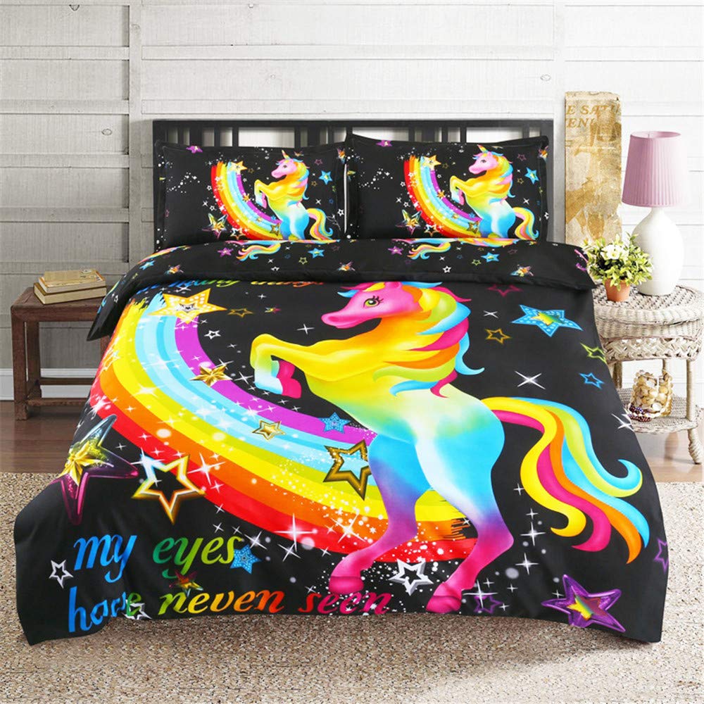 SFJ-CA Full Size Duvet Cover Set, Unicorn Rainbow Kids Bedding Set Lightweight Soft, Cartoon Comforter Cover 1 Full Duvet Cover with 2 Pillowcases, No Comforter, 200x230cm / 78"x90"