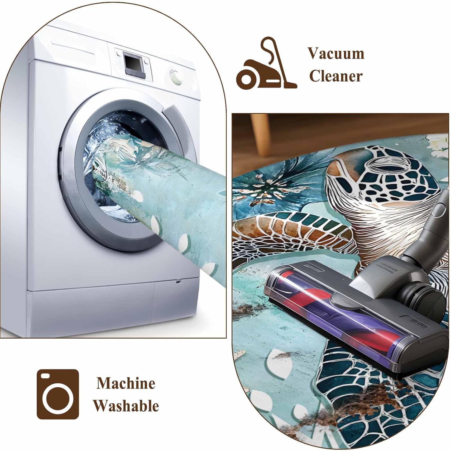 Sea Turtle Coastal Round Area Rug 4 FT, Small Entryway Kitchen Mat, Vintage Teal Nautical Beach Botanical Washable Circular Rug Non-Shedding Door Mat for Bathroom Playroom Kids Room