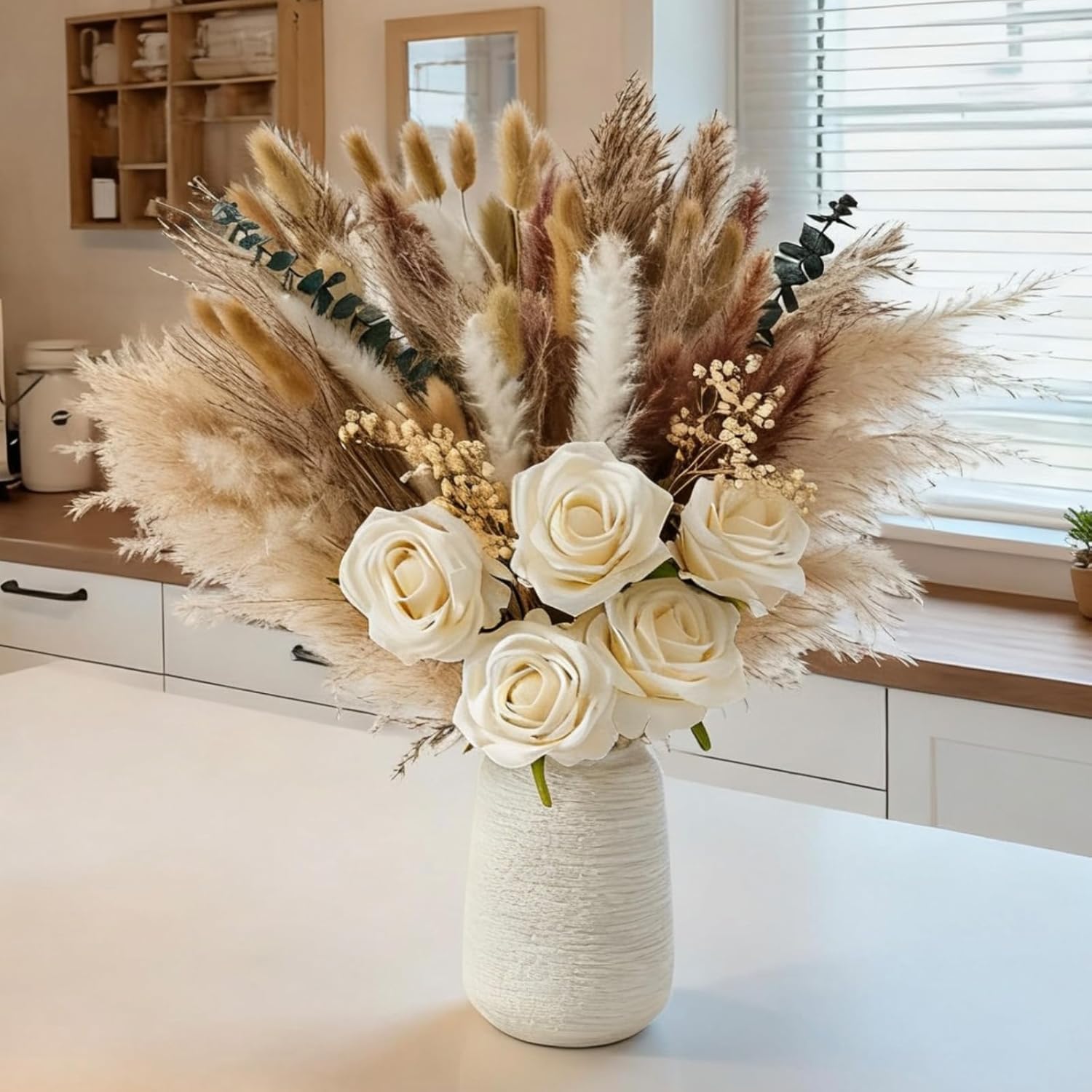 100pcs Artificial Flowers Arrangement with Vase, Fake Flowers Silk Roses in Vase, Coffee Table Decorations,Boho Dried Pampas Grass, Dining Table Decor, Floral Centerpieces for Tables, Centro de Mesa