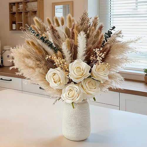 100 piezas de arreglo de flores artificiales con jarrón, rosas de seda artificiales en jarrón, decoraciones para mesa de café, pasto pampas seco
