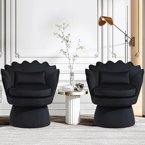 Miniatura 18 de Juego de 2 sillas de acento giratorias de 360°, silla de barril de terciopelo moderna de mediados de siglo, cómoda silla con reposabrazos con forma