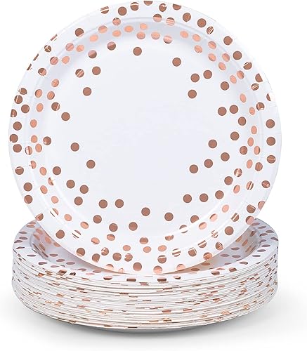 Miniatura 8 de MATICAN Platos de papel para fiestas, paquete de 50 platos desechables de oro blanco y rosa, lunares de aluminio, 9 pulgadas