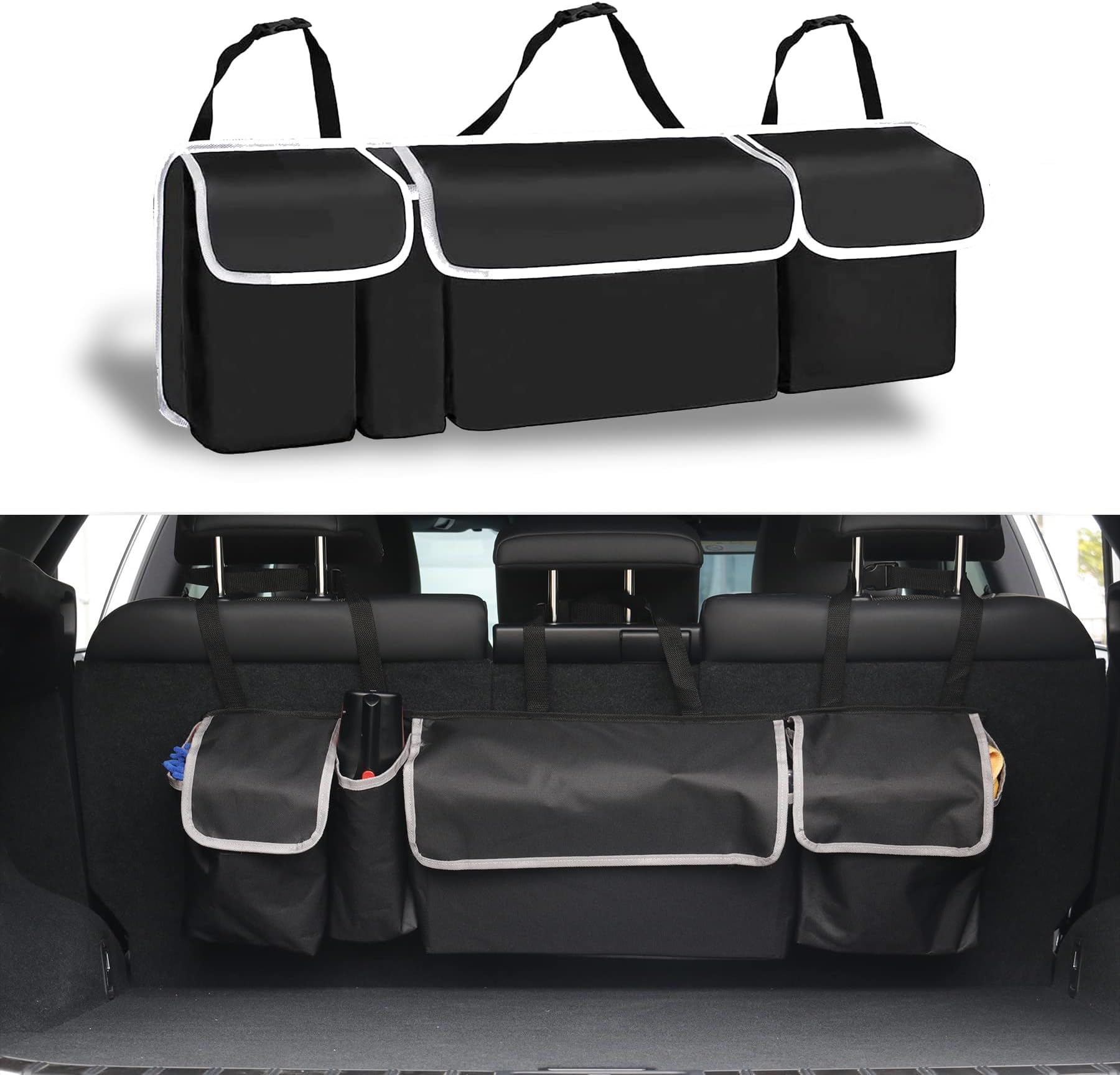 UYYECar Trunk Hanging Organizer, Thick Backseat Storage Bag with 4 Pockets and 3 Adjustable Shoulder Straps, Foldable Interior Accessories Releases Trunk Space