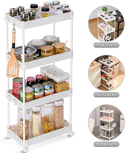 Miniatura 4 de TOOLF Carrito utilitario de 4 niveles con ruedas, carrito de almacenamiento rodante con divisor ajustable y ganchos, organizador de carrito para