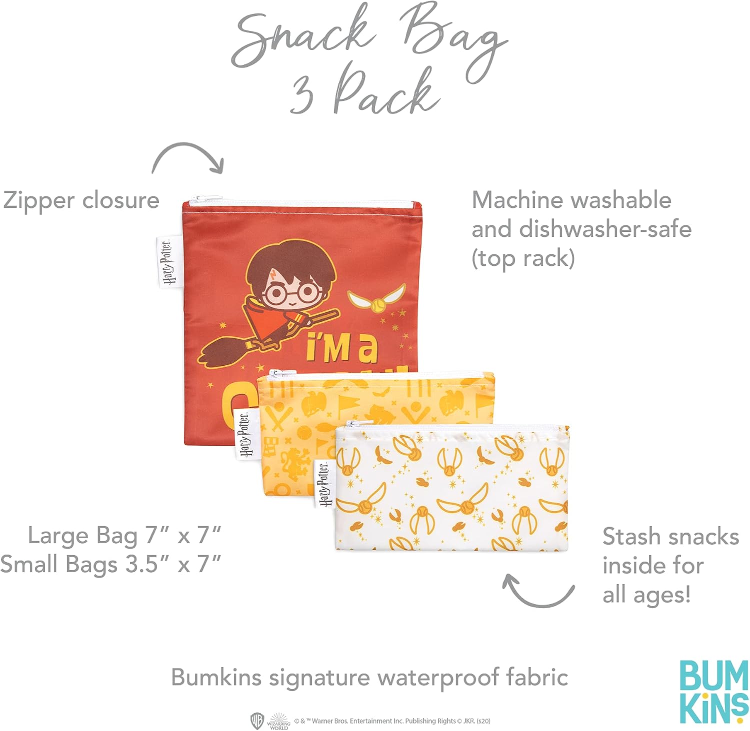 Bumkins Reusable Sandwich and Snack Bags, for Kids School Lunch and for Adults Portion, Washable Fabric, Waterproof Cloth Zip Bag, Travel Pouch, Food-Safe Storage, 3-pk Harry Potter Quidditch image 5